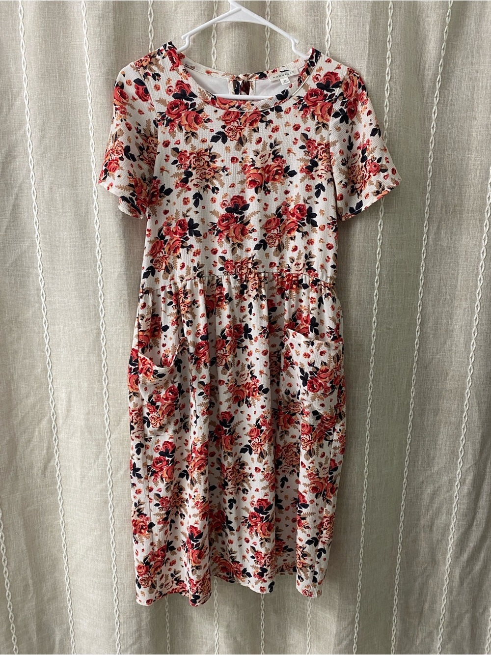 DownEast Cream Midi Dress with Red Rose Print